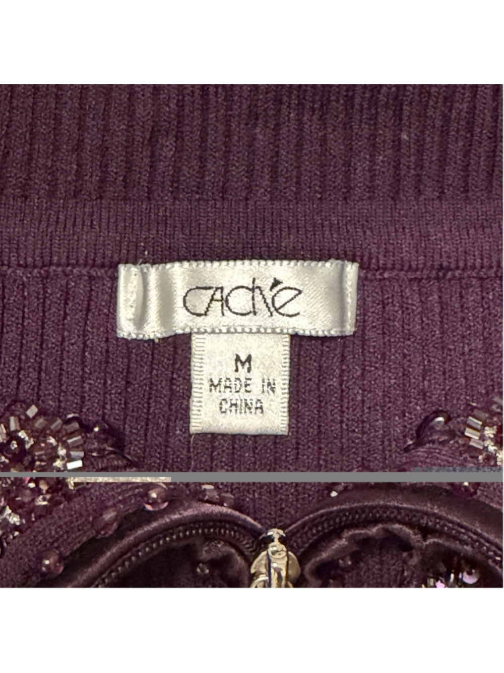 Cache Y2K 90s Purple M Gabrielle Solis Off Shoulder Beaded Zip Up Sweater Ribbed - Picture 10 of 16